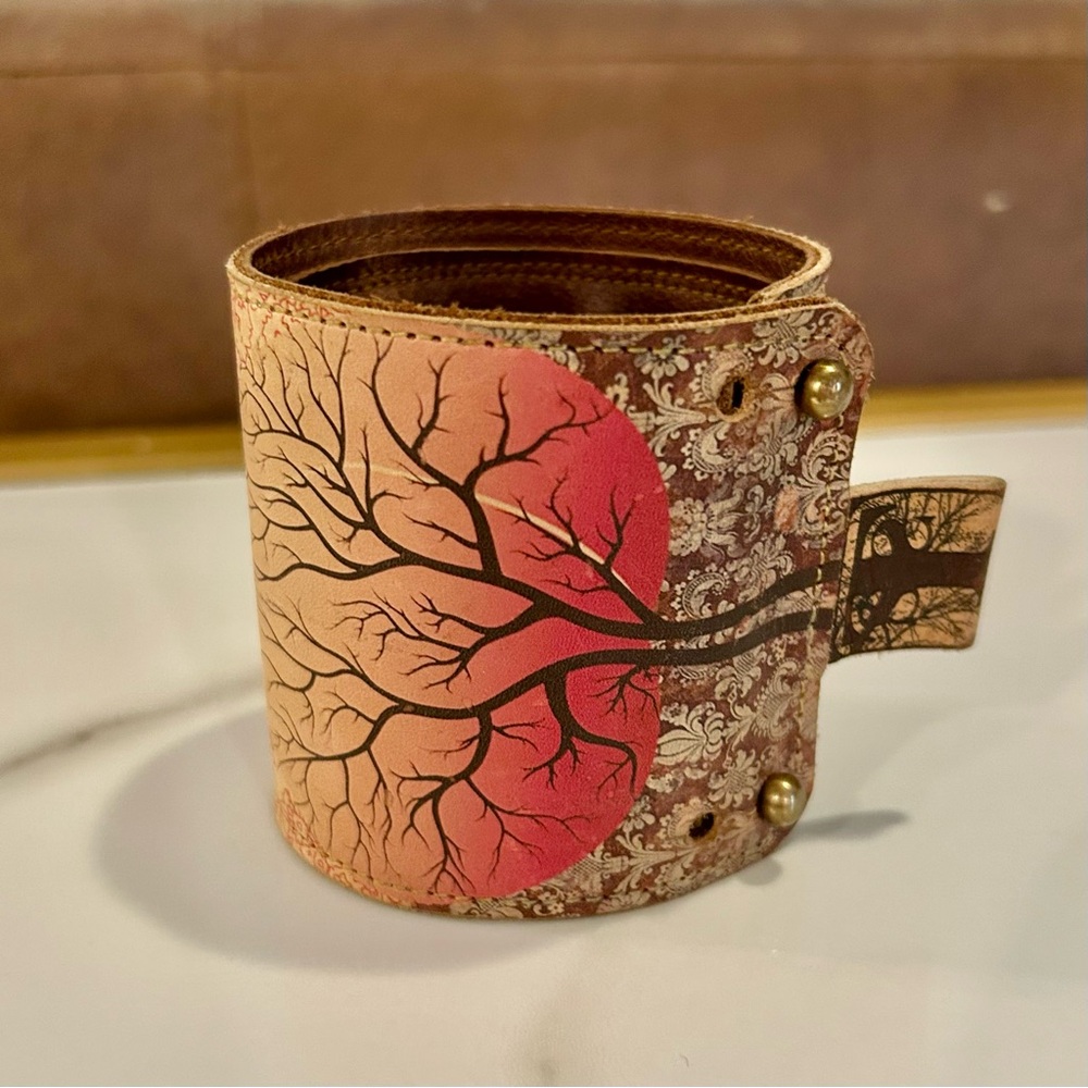 Handmade Tree Design Leather Wristband Cuff Bracelet w/ Secret Stash Pocket